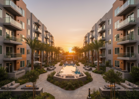 Luxury apartment courtyard with pool at sunset