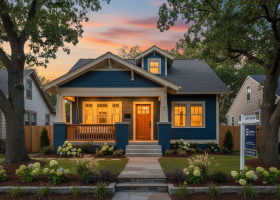 Blue craftsman bungalow with lit porch at dusk